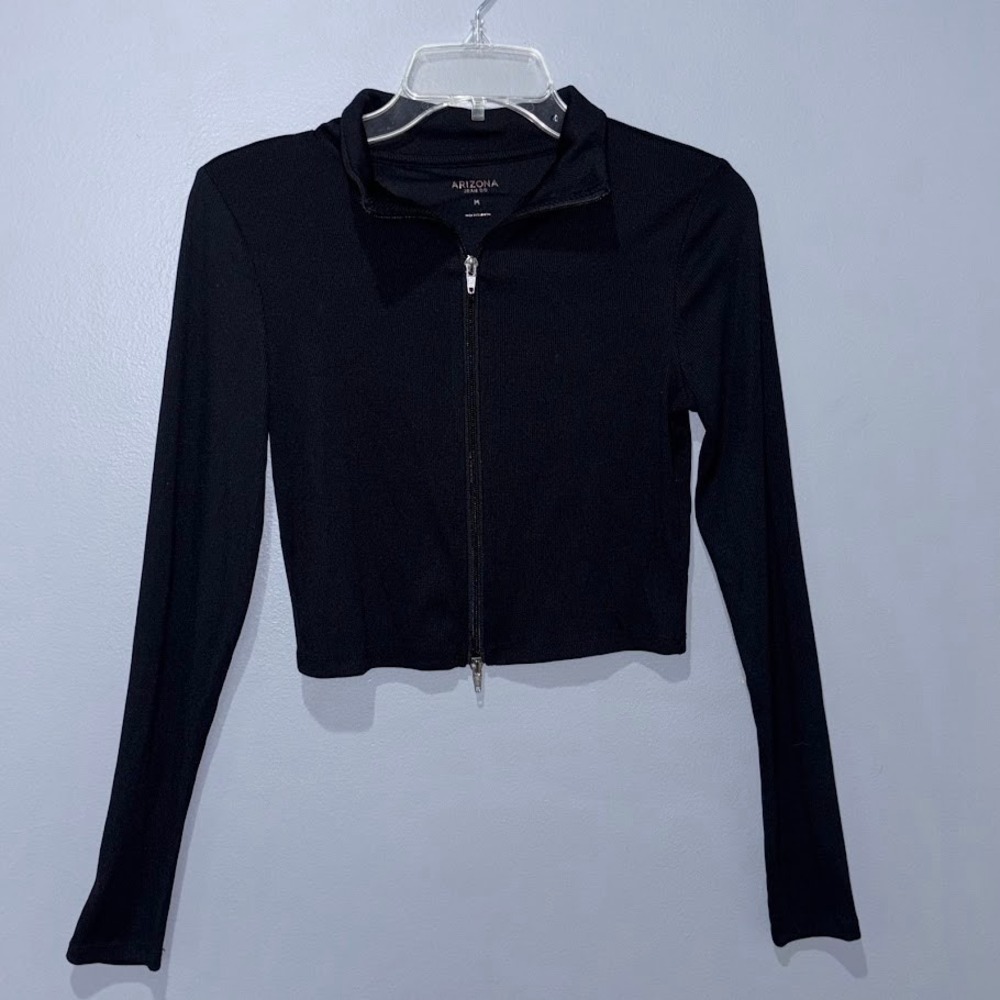Arizona Jean Co Zip Front Top Wms M Black Nylon Ribbed Crop Mock‎ Neck Y2K Chic